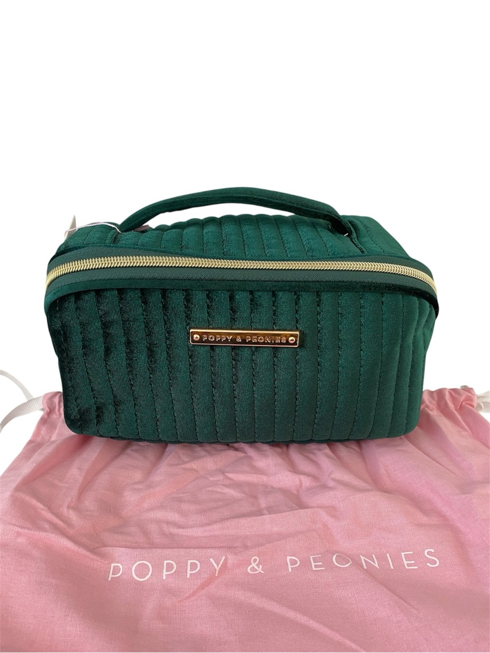 Poppy & Peonies Emerald Quilted Velvet Travel Cosmetic Bag with Gold Hardware